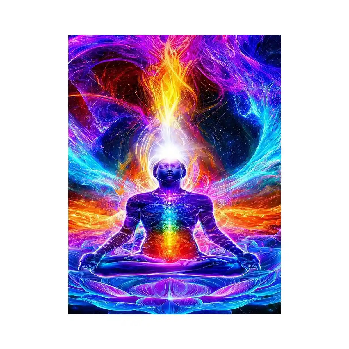 Neon cosmic meditation canvas art with chakra lotus energy for spiritual room decor.
