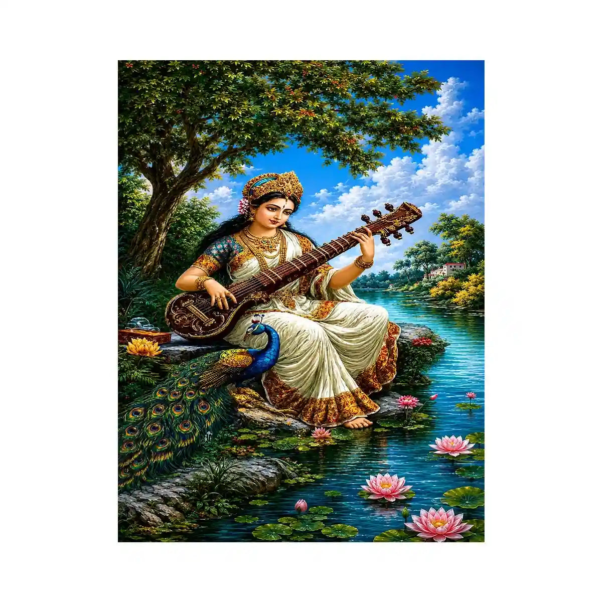 Saraswati goddess music canvas art for serene cultural home decor.