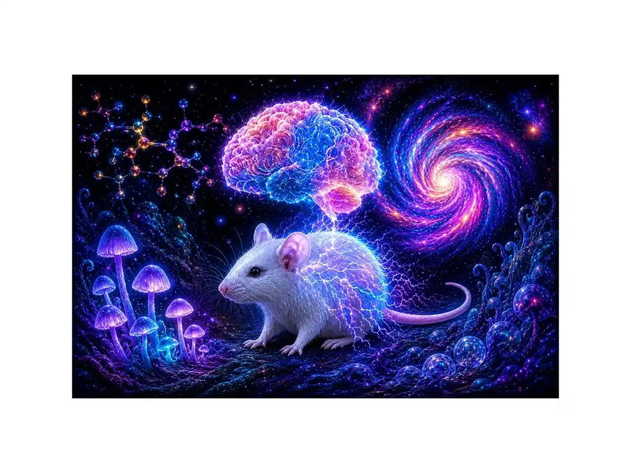 Surreal cosmic mouse canvas art for creative office and study decor.