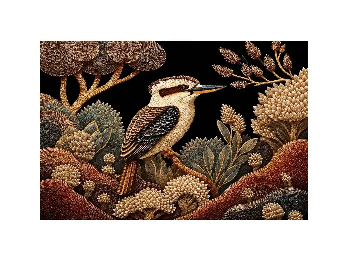 Kookaburra bird canvas print with native botanicals for refined home decor.