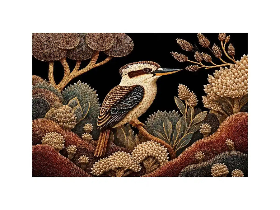 Kookaburra bird canvas print with native botanicals for refined home decor.