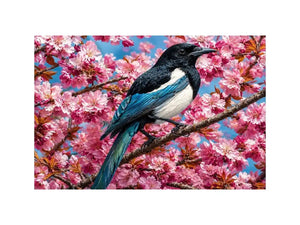 Blue bird among pink blossoms canvas print for elegant bedroom decor.