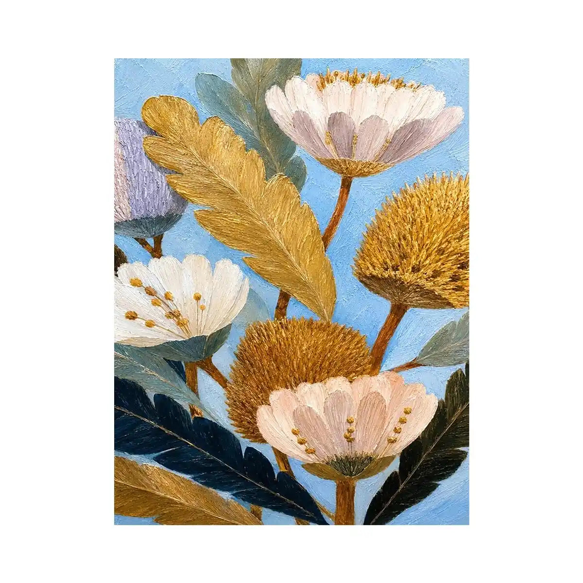 Golden banksia botanical canvas print for calm modern bedroom decor.