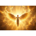 Golden angel canvas wall art for spiritual living room decor.
