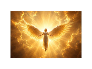 Golden angel canvas wall art for spiritual living room decor.