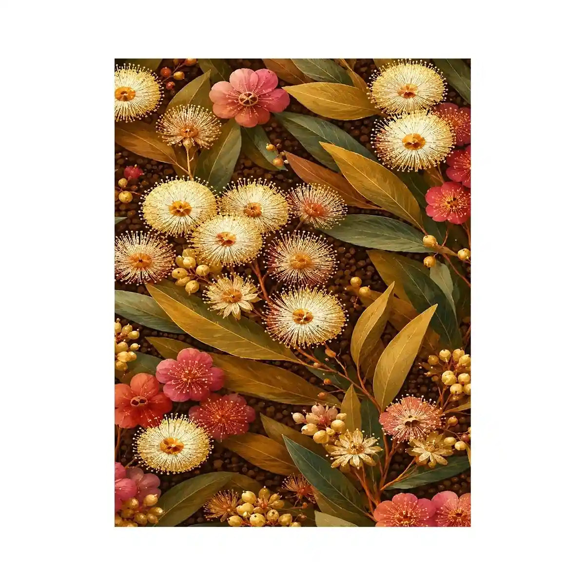 Native wildflower canvas print with gold leaves for elegant bedroom decor.