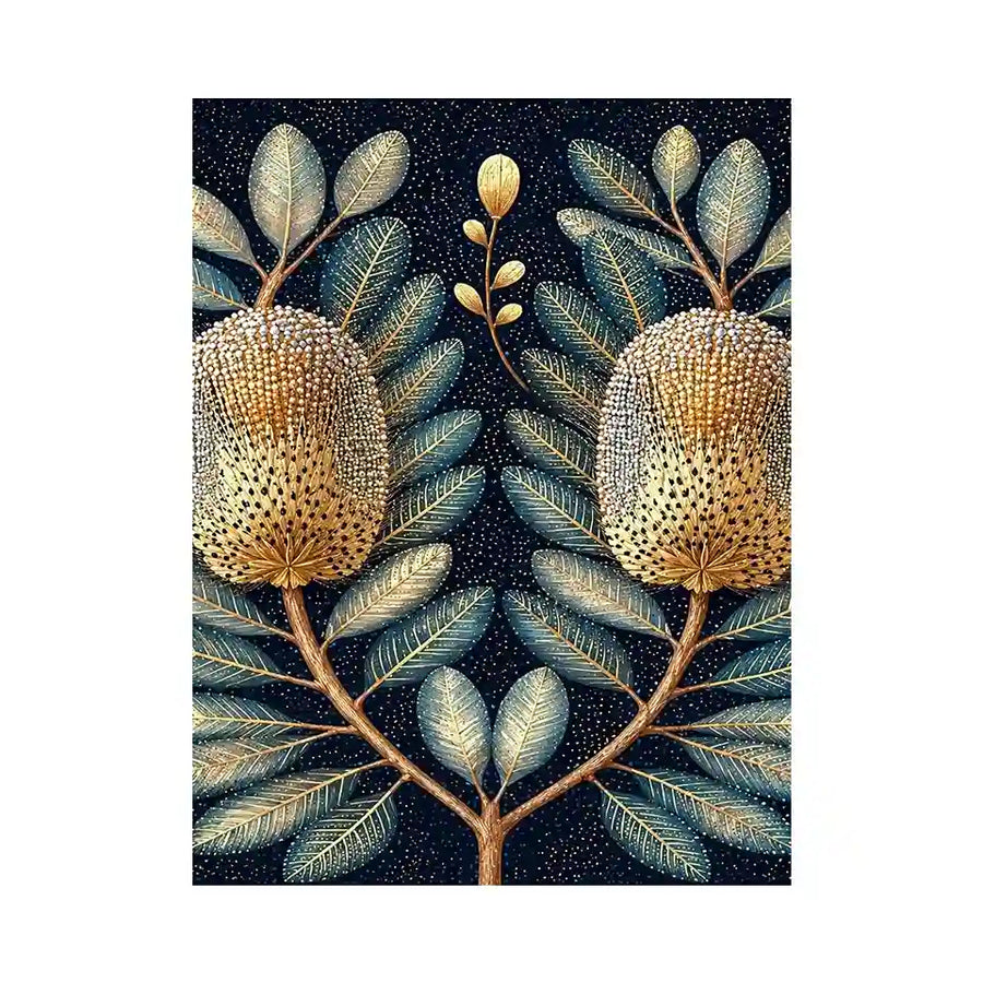 Midnight banksia botanical canvas art for luxury bedroom decor.