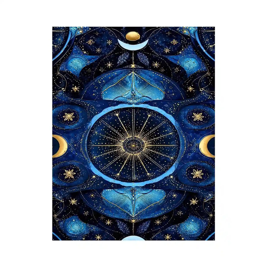 Blue gold celestial mandala wall art for luxury living room decor.