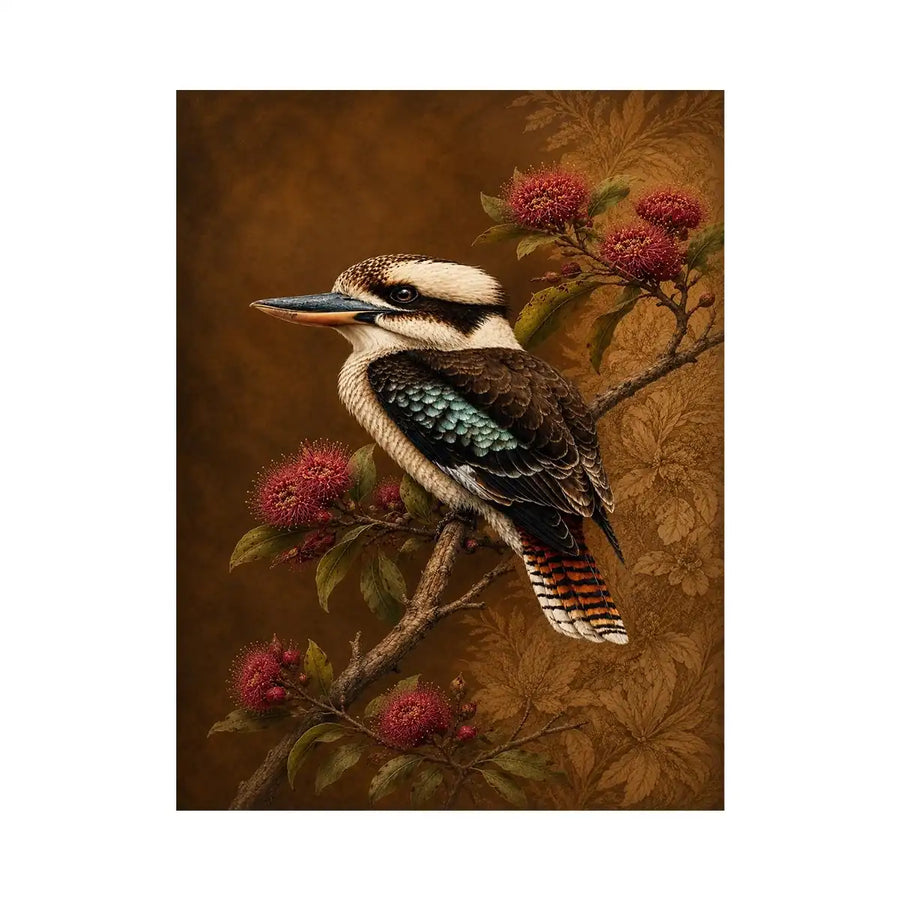 Kookaburra bird canvas art with native flowers for modern living room decor.