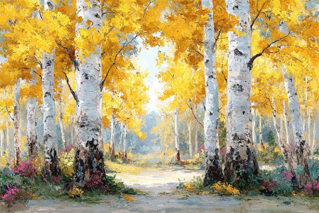 Golden birch forest landscape canvas art for modern living room decor.