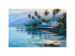 Tropical coastal landscape canvas art with palm trees for beach house or living room decor.