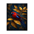 Red and blue bird canvas art with golden leaves for elegant room decor.