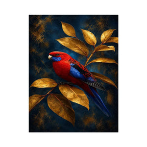 Red and blue bird canvas art with golden leaves for elegant room decor.