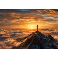 mountain cross canvas art with golden sunrise for peaceful decor.