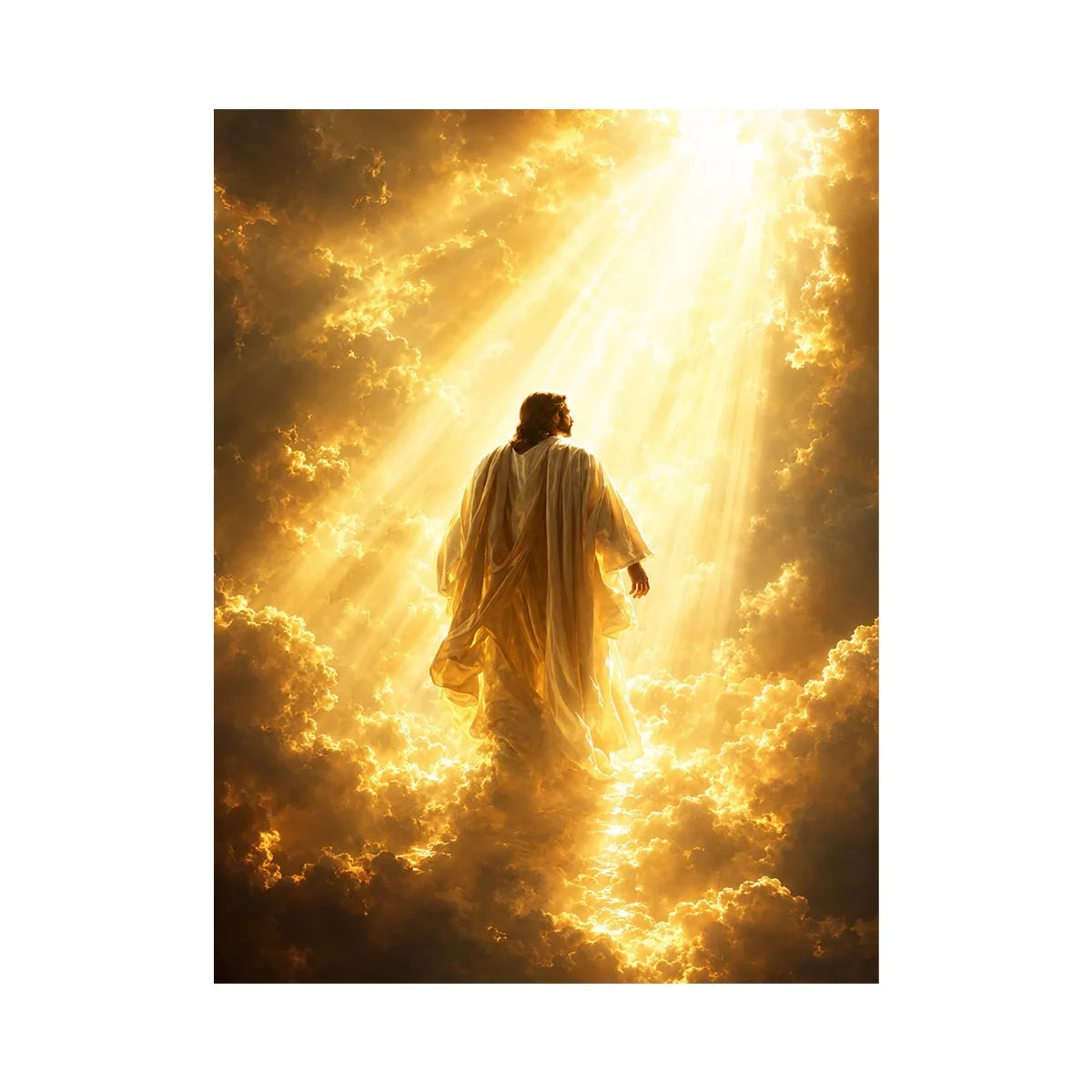 Vertical golden religious canvas art with heavenly clouds for bedroom decor.