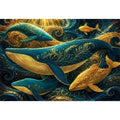 Teal and gold whale canvas art for coastal living room decor.