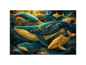 Teal and gold whale canvas art for coastal living room decor.