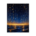 Vertical blue and gold abstract light canvas for modern bedroom decor.