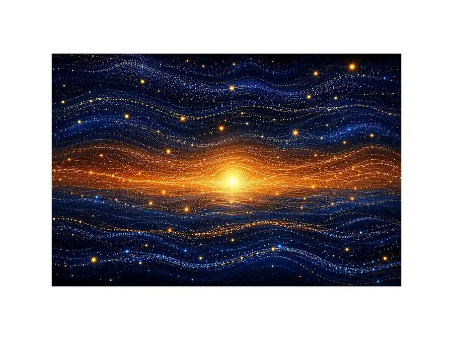 Horizontal blue and gold abstract horizon canvas for modern living room decor.