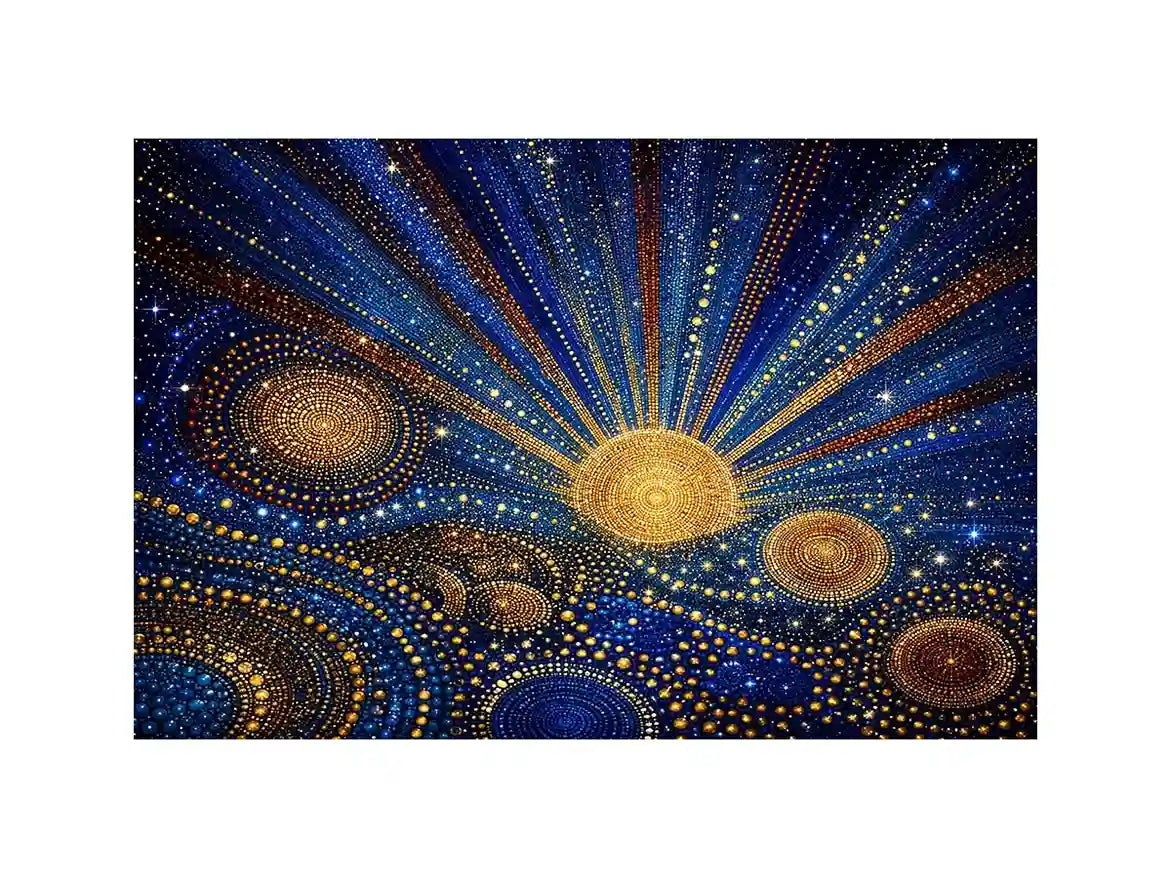 Blue and gold galaxy mosaic canvas art for modern living room decor.