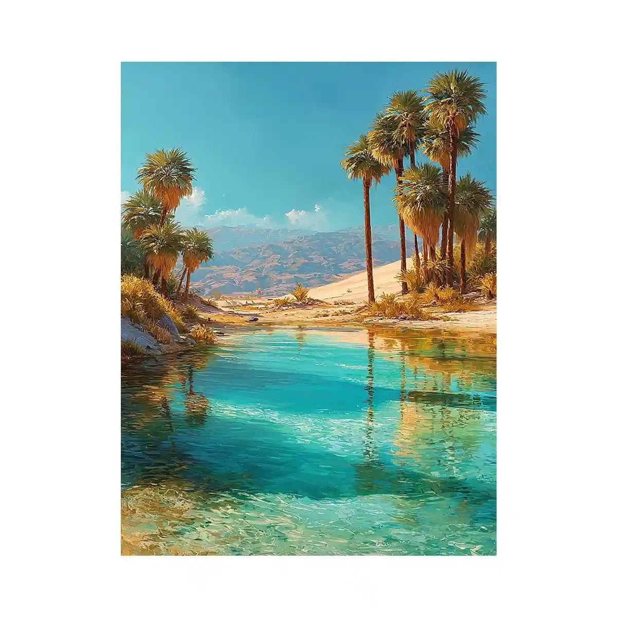 Vertical desert oasis canvas art with palm trees for modern living room decor.