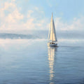 Minimal sailboat canvas art with calm blue water for coastal bedroom or living room decor.