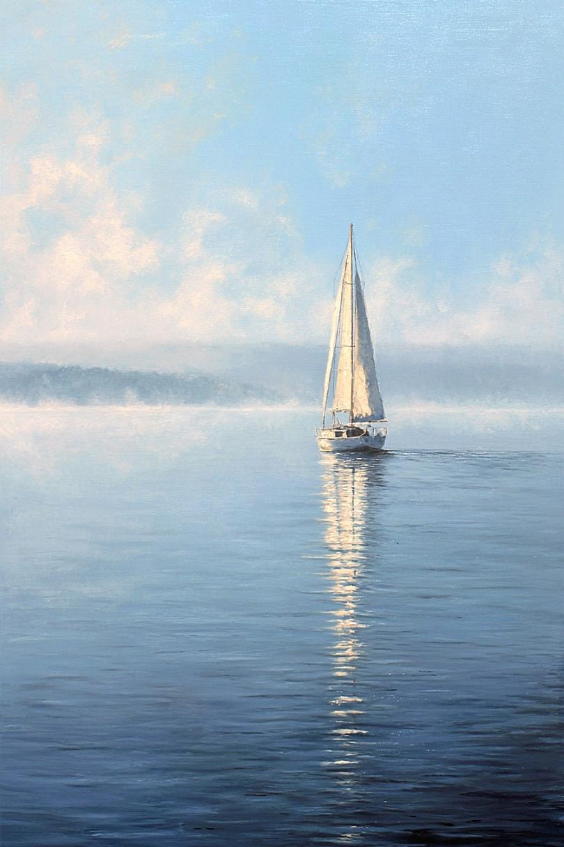 Minimal sailboat canvas art with calm blue water for coastal bedroom or living room decor.