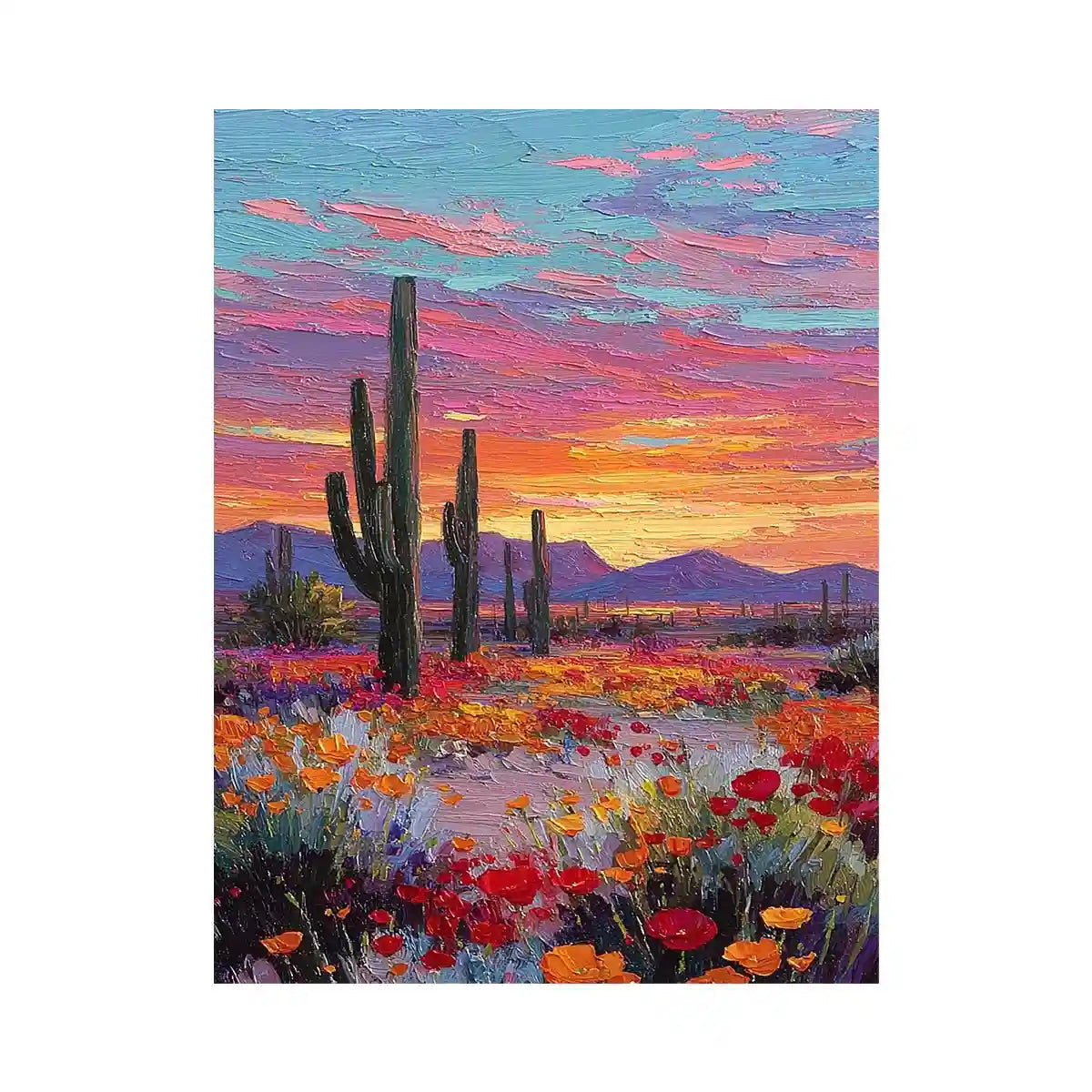 Vertical desert cactus sunset canvas art with wildflowers for modern living room decor.