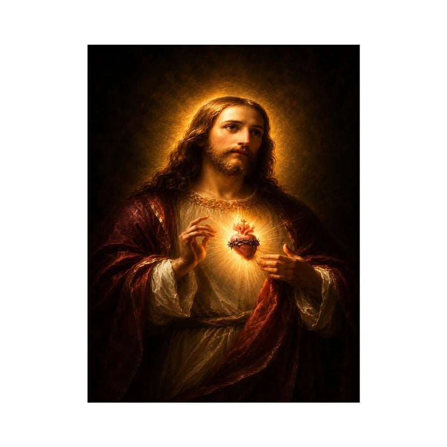 Classic sacred heart Jesus portrait canvas art for bedroom decor.
