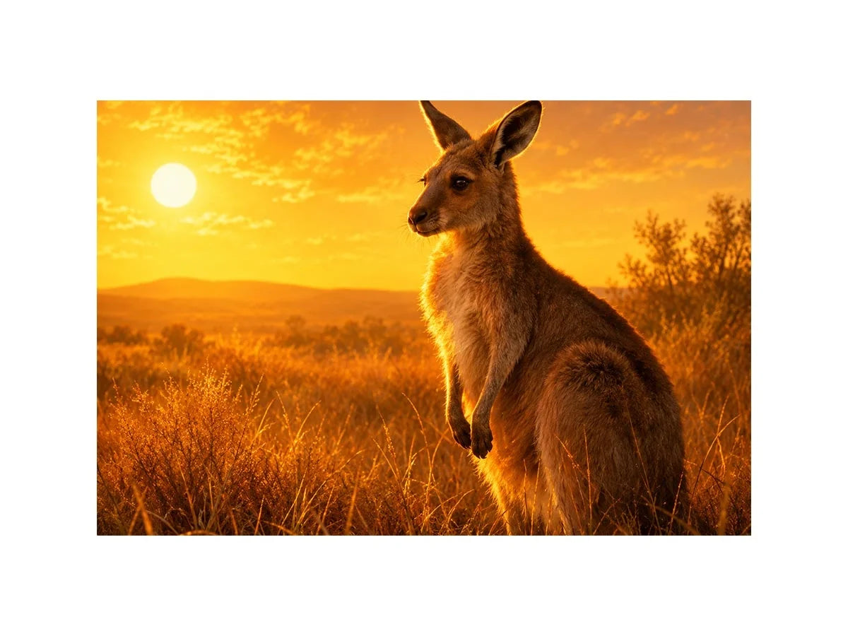Golden kangaroo canvas art for warm modern living room decor.
