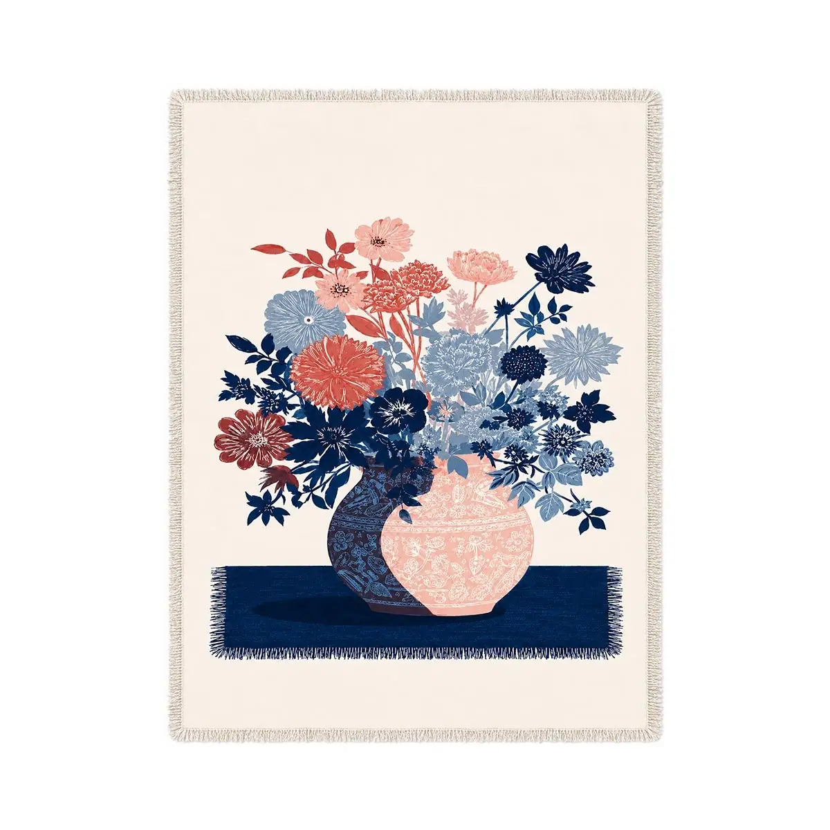 Pink and blue floral artwork in vase for modern living room decor.