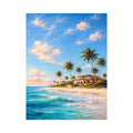 Tropical beach villa canvas art with palms for coastal living room decor.