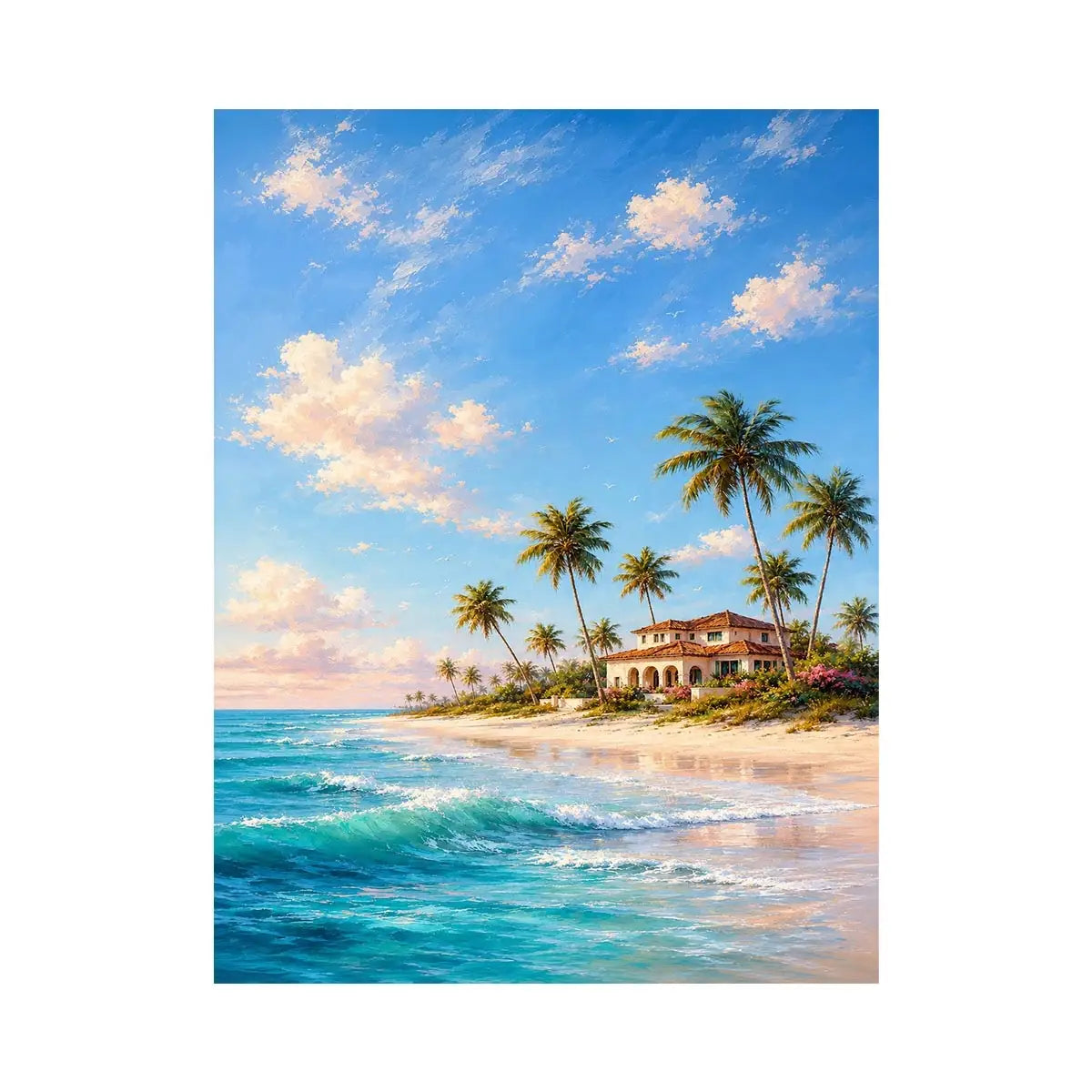 Tropical beach villa canvas art with palms for coastal living room decor.