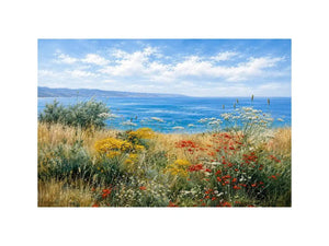 Coastal wildflower landscape canvas art for relaxed living room decor.