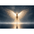 Ethereal angel artwork with glowing wings for peaceful bedroom decor.