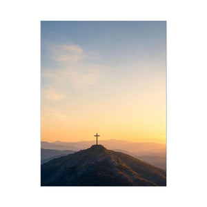 Mountain cross canvas print at sunrise for peaceful bedroom wall decor.
