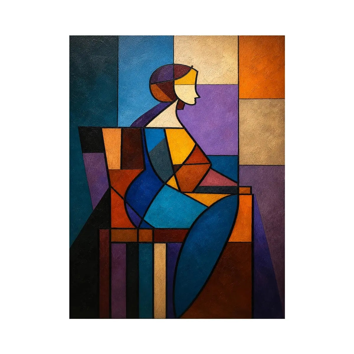 Colorful cubist canvas art with geometric woman figure for modern living room decor.