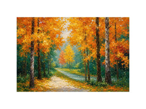 Autumn forest path canvas art in golden tones for living room decor.
