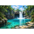 Tropical waterfall canvas art with turquoise lagoon for modern room decor.