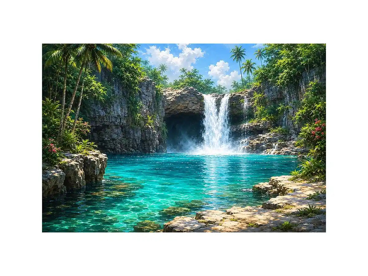 Tropical waterfall canvas art with turquoise lagoon for modern room decor.