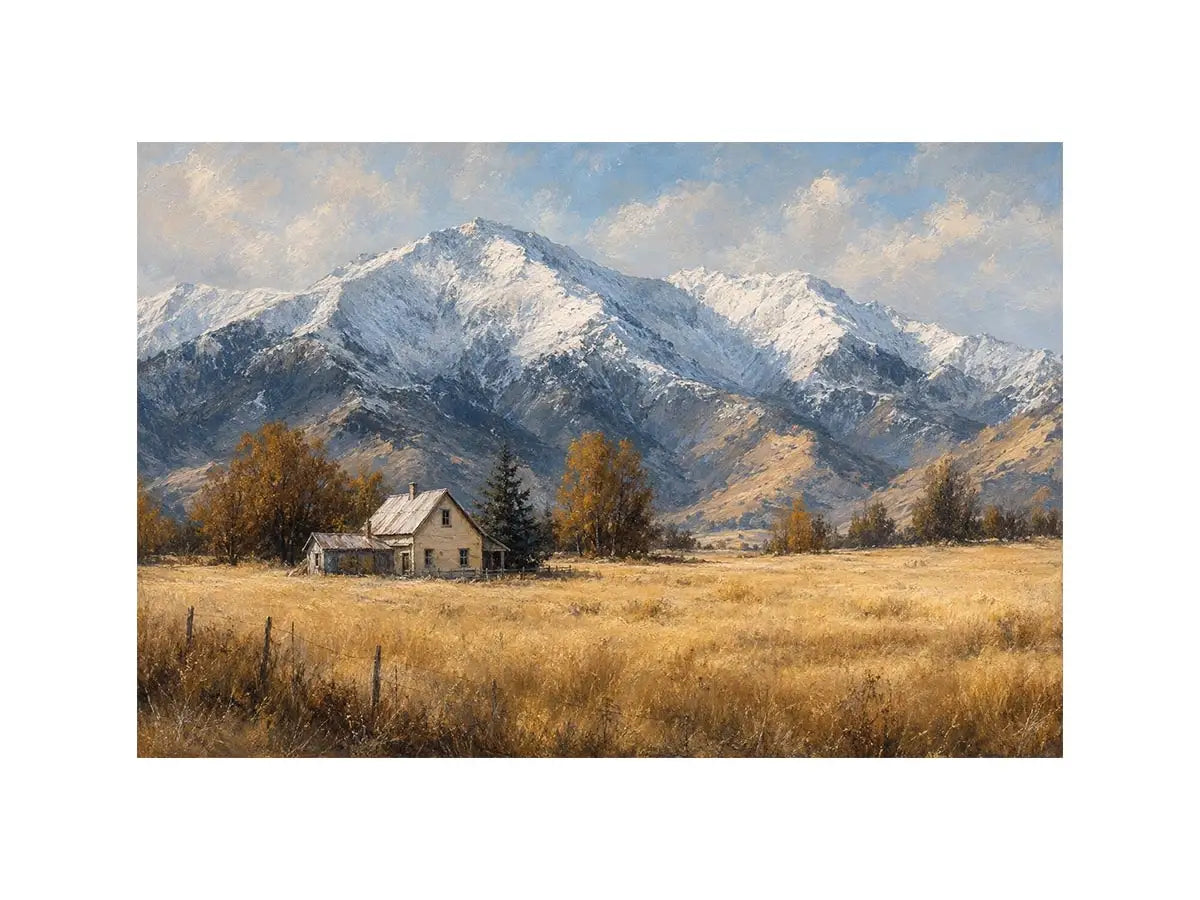 Snow mountain farmhouse canvas art for rustic modern living room decor.