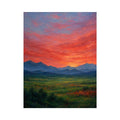 Vivid mountain sunset canvas art for dramatic modern living room decor.