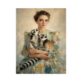Elegant woman with lemurs portrait canvas art for luxury bedroom decor.