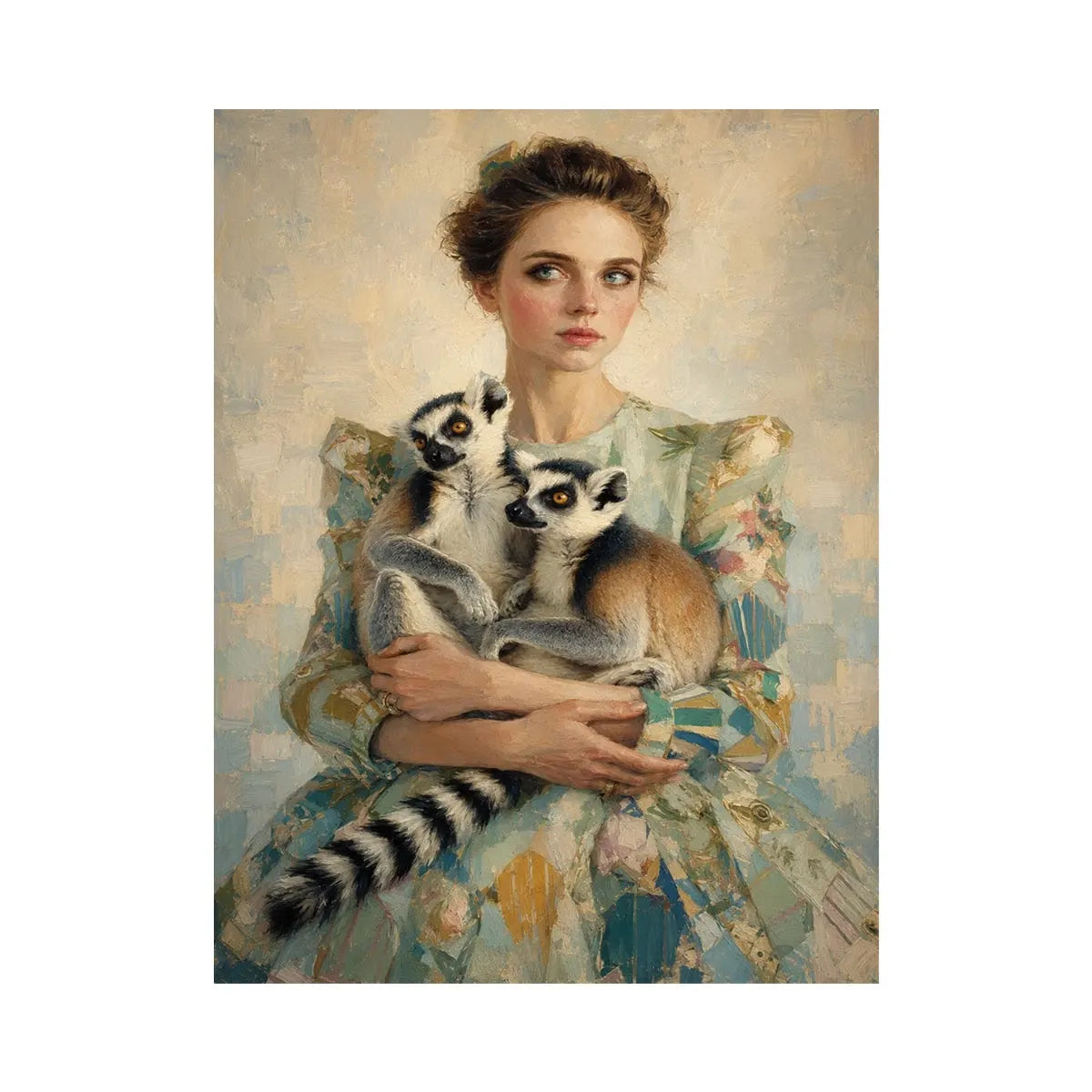 Elegant woman with lemurs portrait canvas art for luxury bedroom decor.