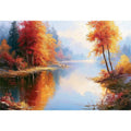 Autumn lake landscape canvas art with colourful trees for modern living room decor.