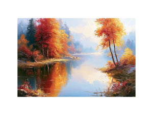 Autumn lake landscape canvas art with colourful trees for modern living room decor.