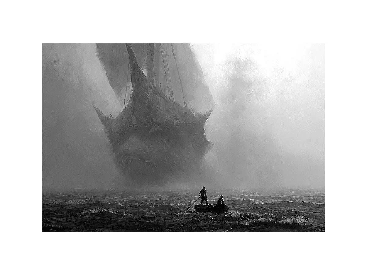 Black and white ghost ship canvas art with small boat for moody office or living room decor.