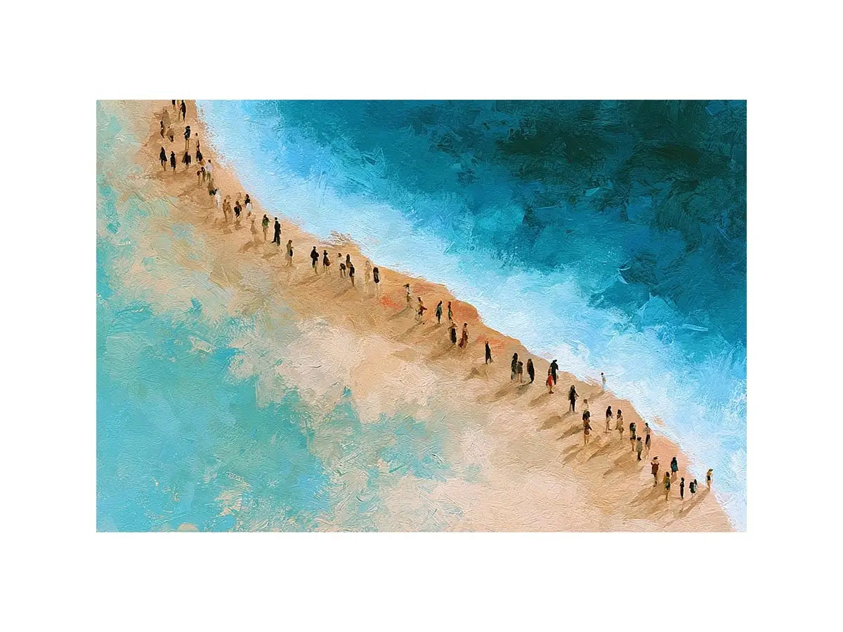 Aerial beach canvas art with turquoise water and walking figures for coastal living room decor.