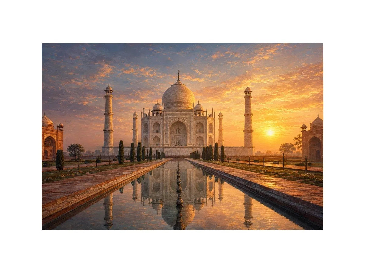 Golden Taj Mahal canvas art for elegant living room decor.