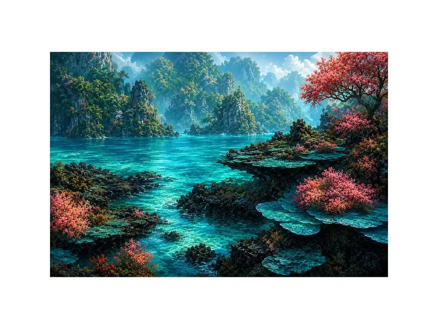 Tropical turquoise landscape canvas art for coastal room decor.